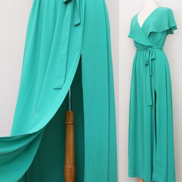 Vici Lost in the Moment Maxi Dress Cape Surplice Wrap V Neck Slit Green S $68 - Picture 6 of 12